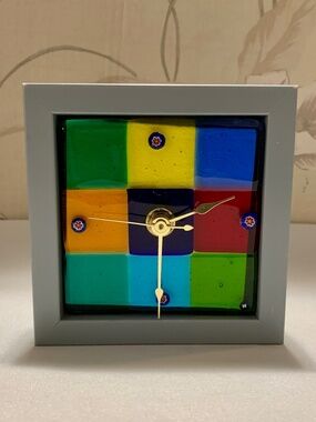 Green Tree Gallery 5” x 5” x 1.5” Fused Glass Face Clock - Freestanding or Wall